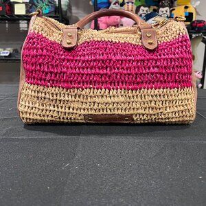 Rebecca Minkoff Raffia Straw & Leather Satchel Bag • Pink